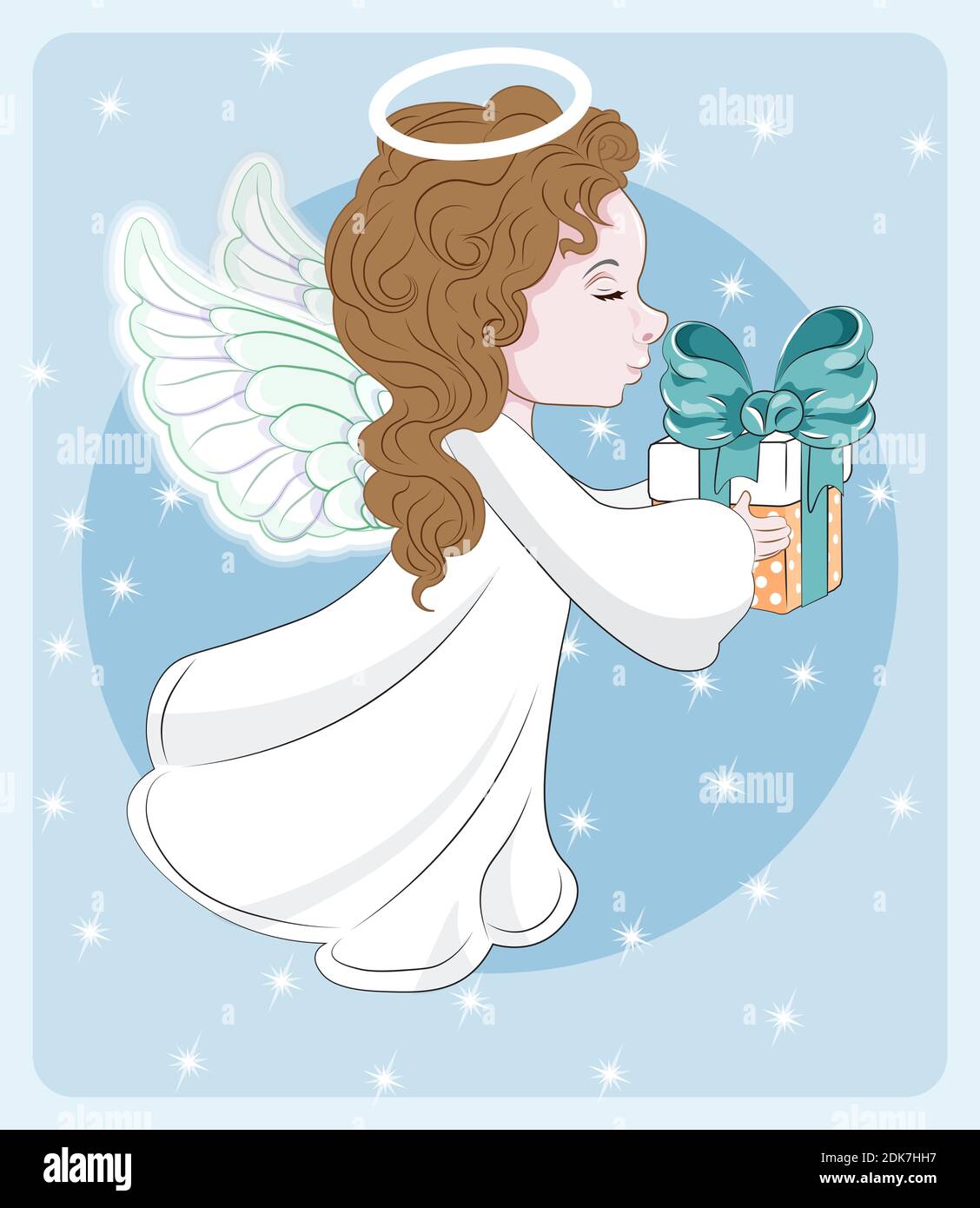 Mädchen, Weihnachtsengel, in weißem Kleid mit Geschenk, Bild in der Hand Zeichnung Cartoon-Stil, für T-Shirt tragen Mode Print-Design, Grußkarte, Postkarte Stock Vektor