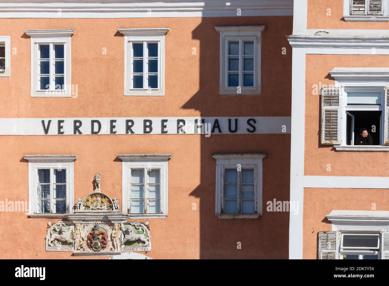 Retz, Detail des Hauses Verderberhaus am Hauptplatz in Weinviertel, Niederösterreich, Niederösterreich, Österreich Stockfoto