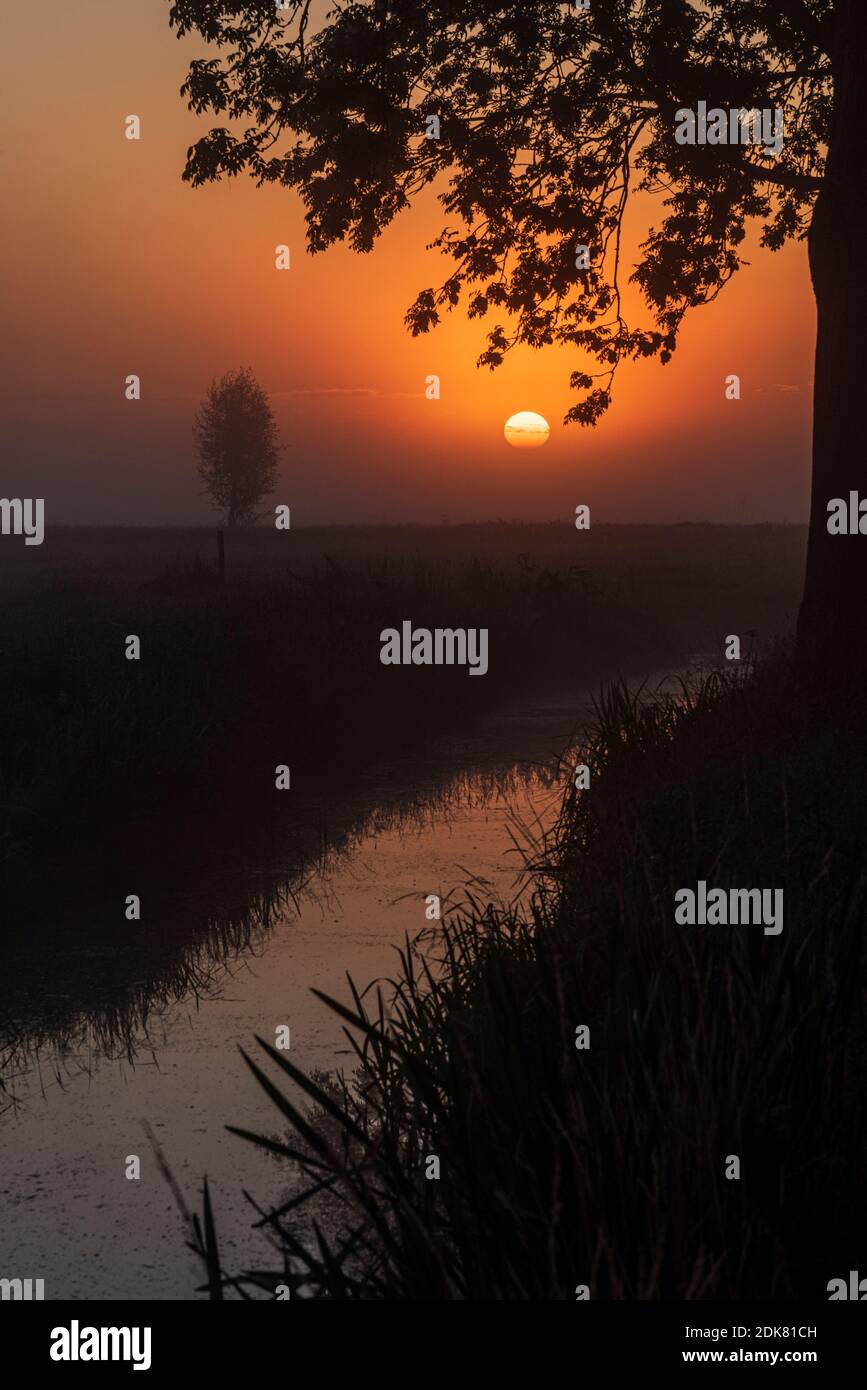 Ein Tag in Holland: Sonnenaufgang im Polder, Citywalk in Dordrecht. Stockfoto