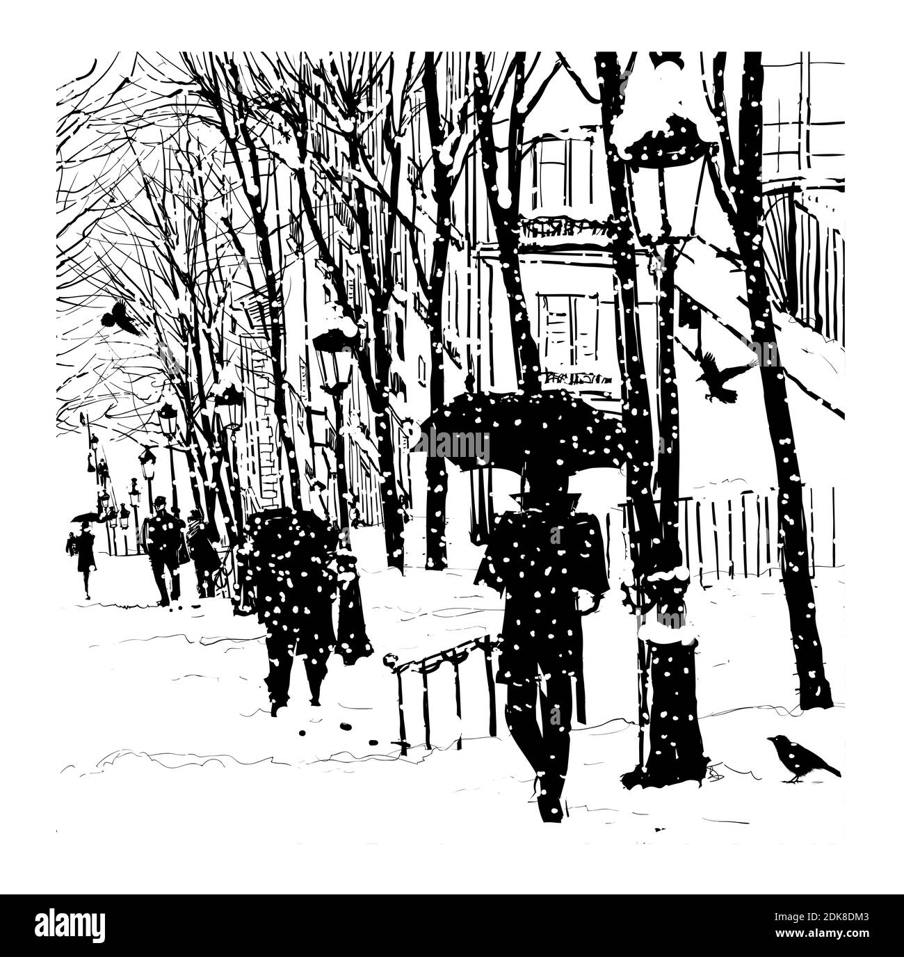 Montmartre im Schnee, Paris, Frankreich - Vektorgrafik Stock Vektor