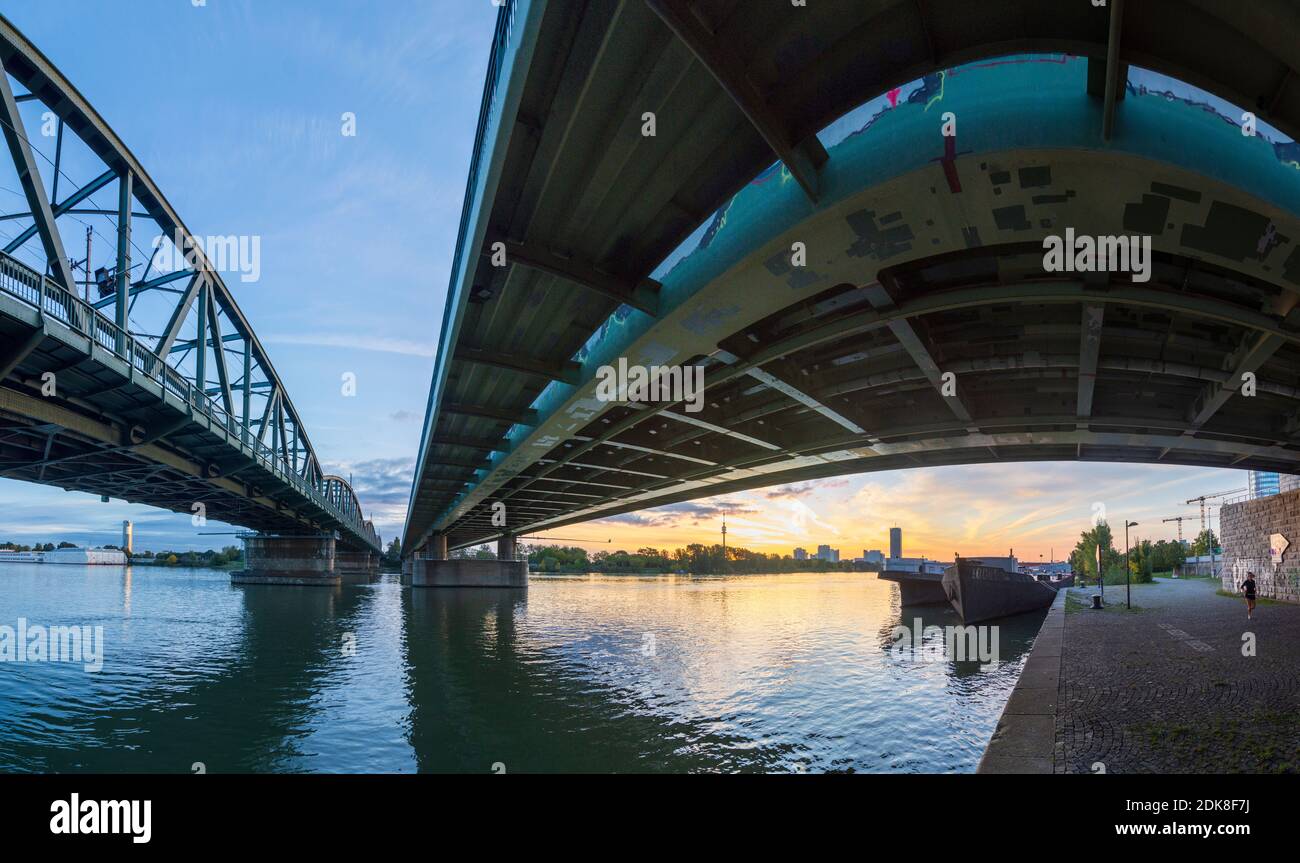 Wien, Wien, Donau, Nordbahnbrücke, Donauturm, DC Tower 1, Donaucity, Frachtschiff 20. Brigittenau, Wien, Österreich Stockfoto