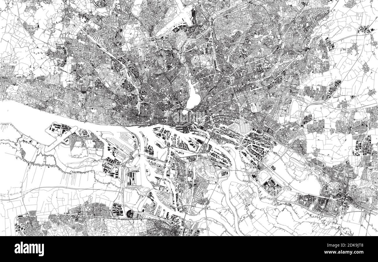 Satellitenansicht von Hamburg, Deutschland, Karte. Sie ist nach Berlin die zweitgrößte Stadt Deutschlands. Gebäude und Stadtplan Stock Vektor