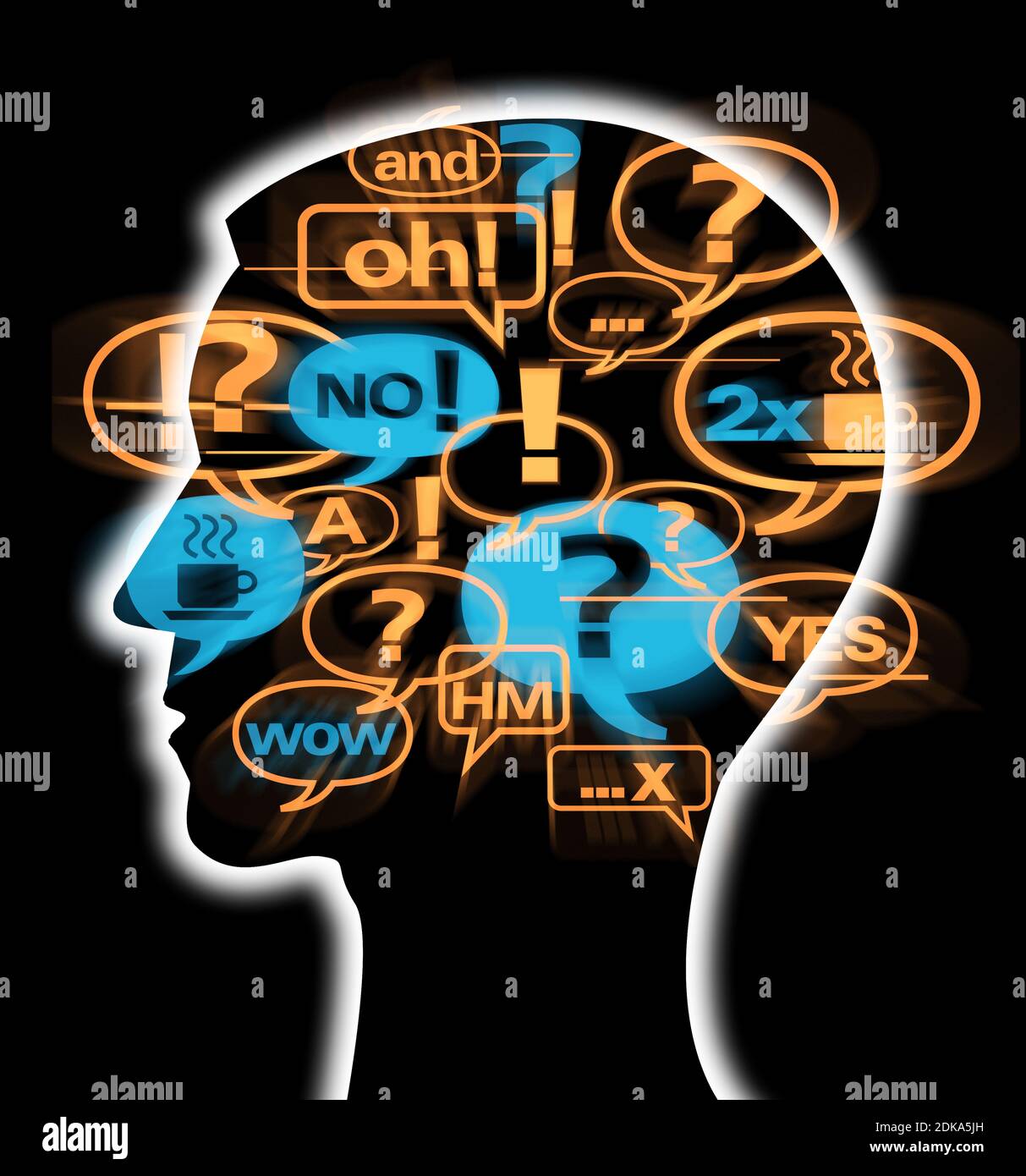 Stress, überarbeiteter Geschäftsmann. Stilisierter männlicher Kopf mit Wörtern, die Geschäft, Treffen, Brainstorming symbolisieren. Stockfoto