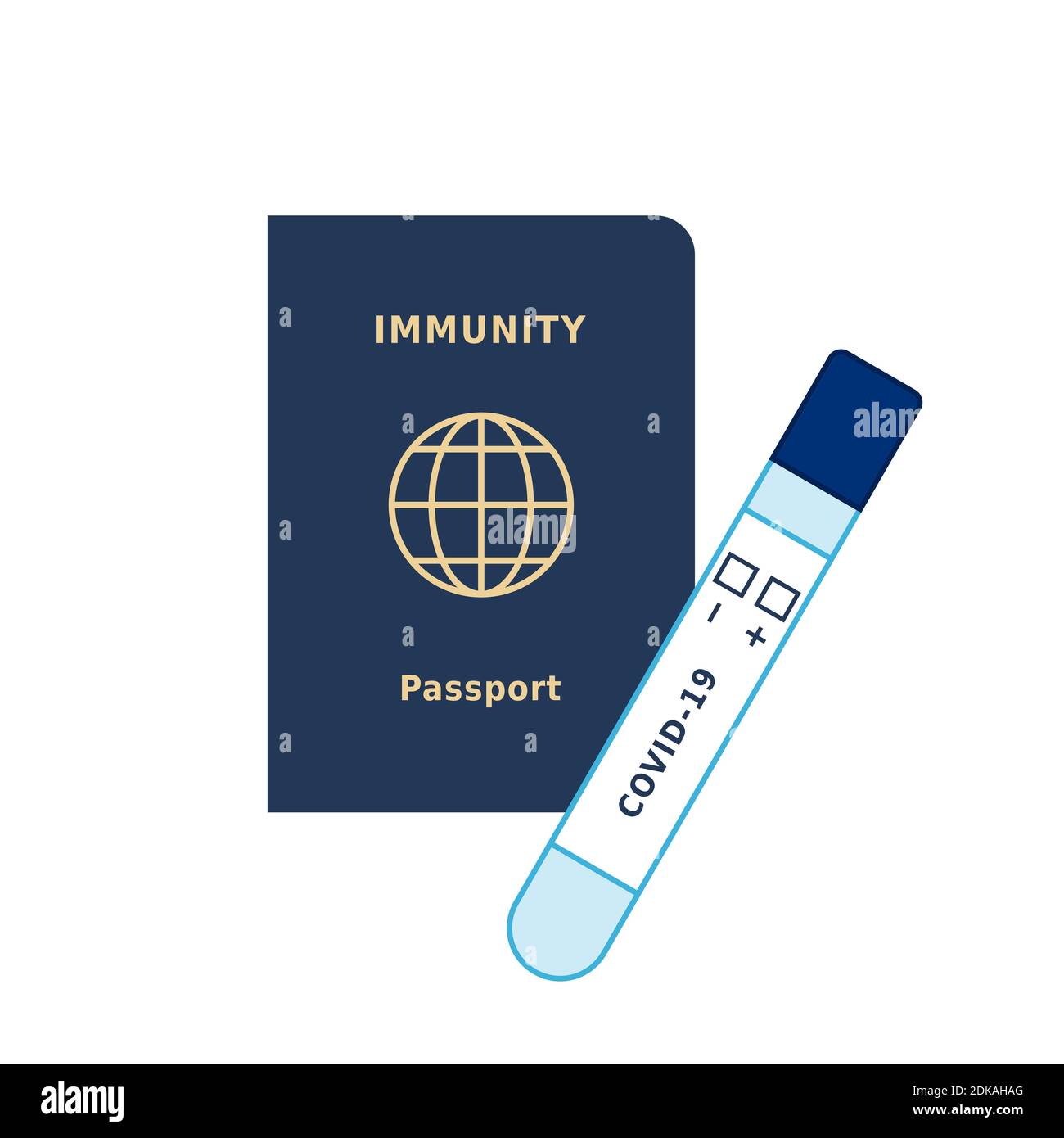 Immunitätspass und Coronavirus-Reagenzglas. COVID-19-Tests an nationalen Grenzen. Ein Beweis, dass eine Person nicht infiziert ist. PCR-Test und Pass Stock Vektor