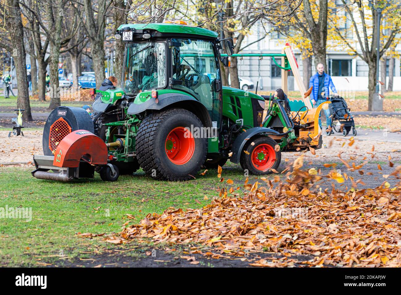 Riga, Lettland - 6. November 2020: Ein Traktor mit Gebläse reinigt den Rasen eines Stadtparks und bläst Herbstblätter weg Stockfoto