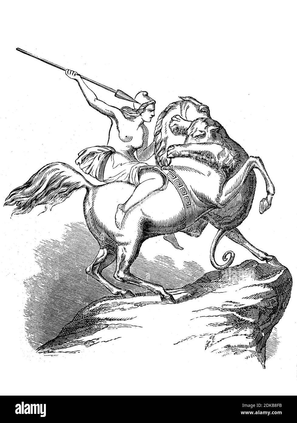 Frau, Amazonas zu Pferd kämpft gegen einen Löwen, Illustration von 1884 / Frau, Amazone zu Pferd kämpft gegen einen Löwen, Illustration aus 1884, Historisch, historisch, digital verbesserte Reproduktion eines Originals aus dem 19. Jahrhundert / digitale Reproduktion einer Originalvorlage aus dem 19ten Jahrhundert. Jahrhundert Stockfoto