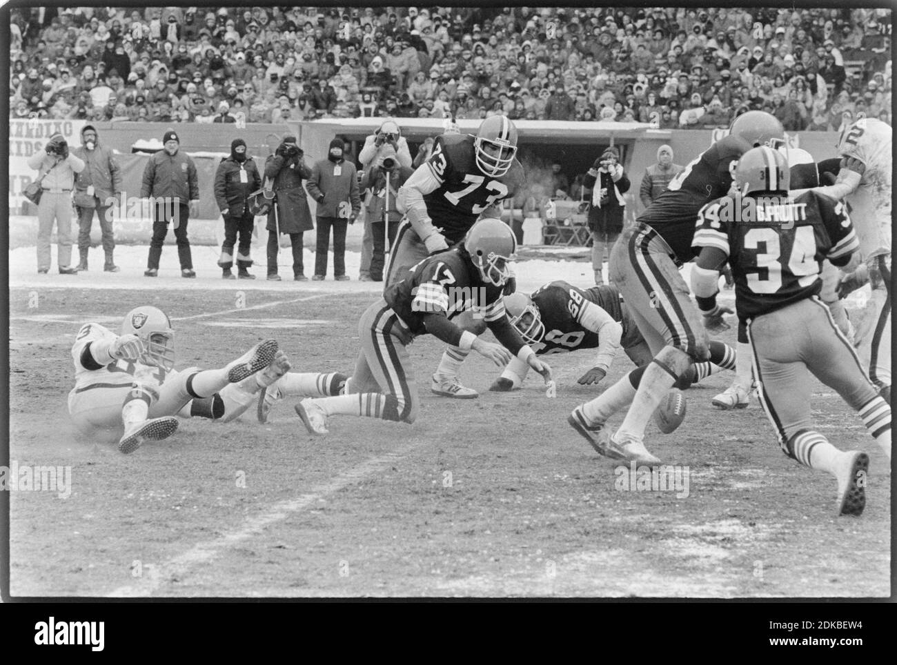 Cleveland Browns Quarterback Brian Sipe (17) jagt einen Fumble während des Playoff-Spiels gegen die Oakland Raiders im Cleveland Stadium am 4. Januar 1981. Ernie Mastroianni Foto Stockfoto