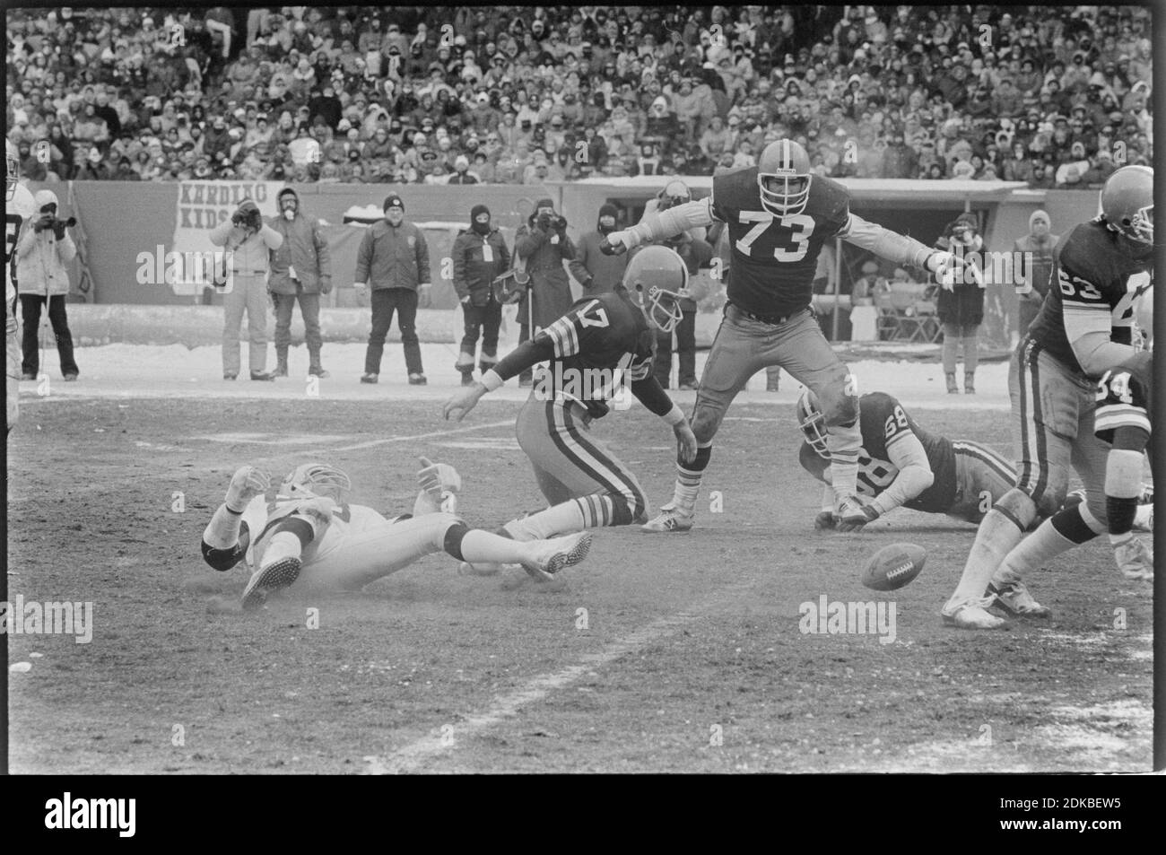 Cleveland Browns Quarterback Brian Sipe (17) jagt einen Fumble während des Playoff-Spiels gegen die Oakland Raiders im Cleveland Stadium am 4. Januar 1981. Ernie Mastroianni Foto Stockfoto