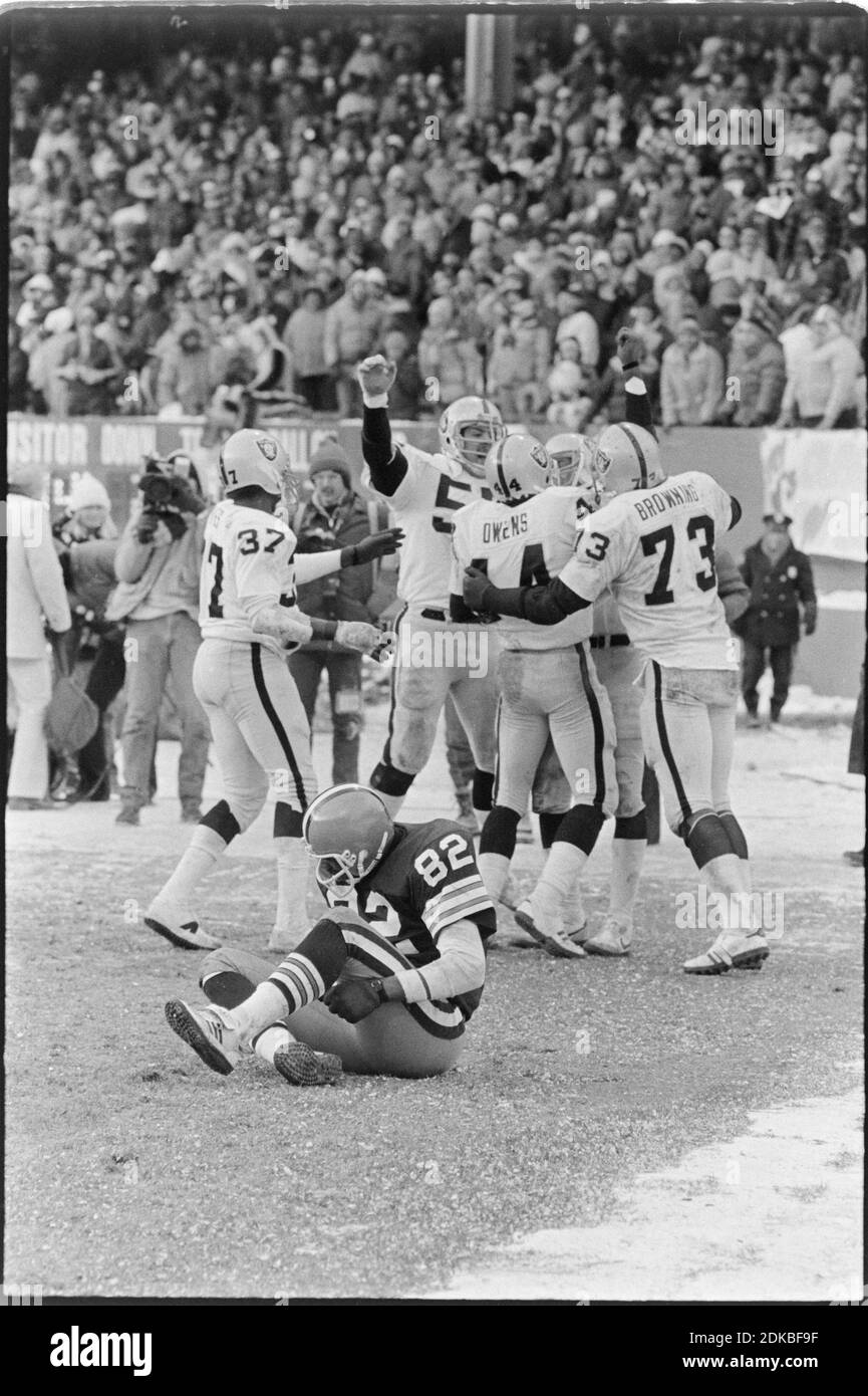 Der Cleveland Browns-Empfänger Ozzie Newsom sitzt auf dem Boden fassungslos, als die Oakland Raiders feiern, nachdem ein Abfangen durch die Oakland Raiders das Playoff-Spiel zwischen den Cleveland Browns und den Oakland Raiders im Cleveland Stadium am 4. Januar 1981 beendete. Ernie Mastroianni Foto Stockfoto