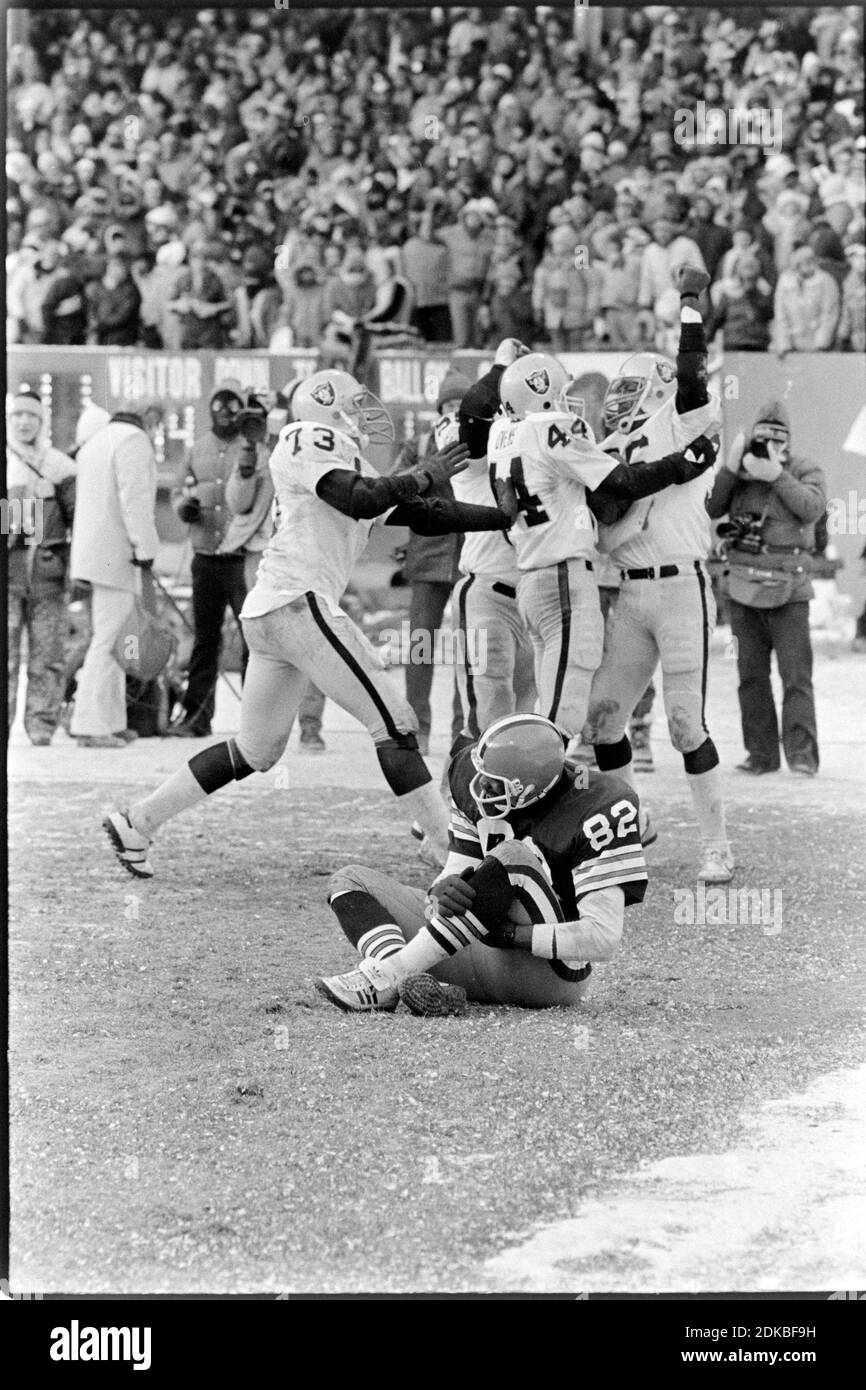 Der Cleveland Browns-Empfänger Ozzie Newsom sitzt auf dem Boden fassungslos, als die Oakland Raiders feiern, nachdem ein Abfangen durch die Oakland Raiders das Playoff-Spiel zwischen den Cleveland Browns und den Oakland Raiders im Cleveland Stadium am 4. Januar 1981 beendete. Ernie Mastroianni Foto Stockfoto