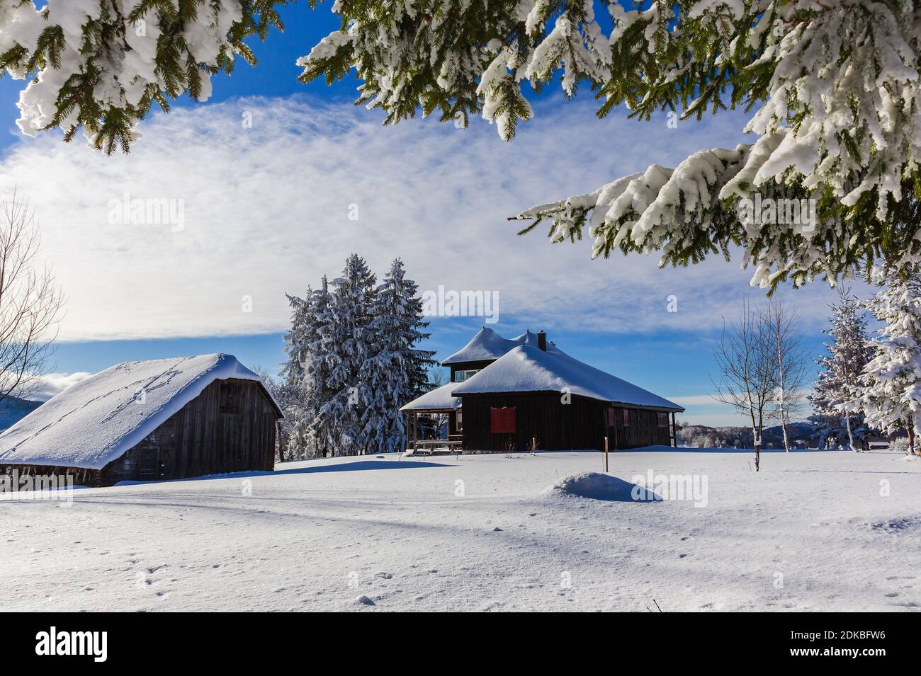 Winter in Pestera Village. Ländliche Landschaft in den Karpaten, Rumänien. Stockfoto