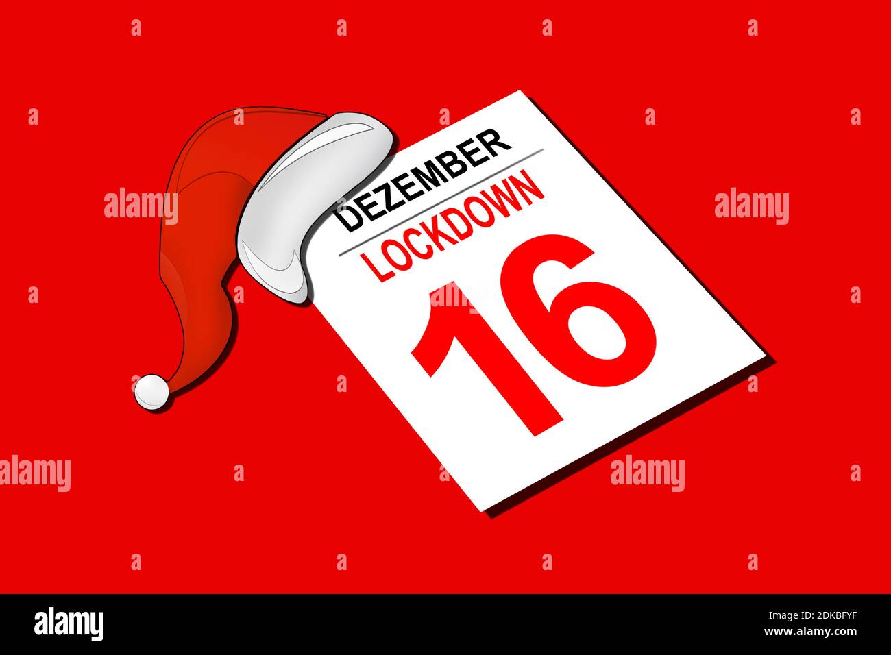 Weihnachtsmütze und deutscher Kalender Dezember 16 Lockdown Stockfoto