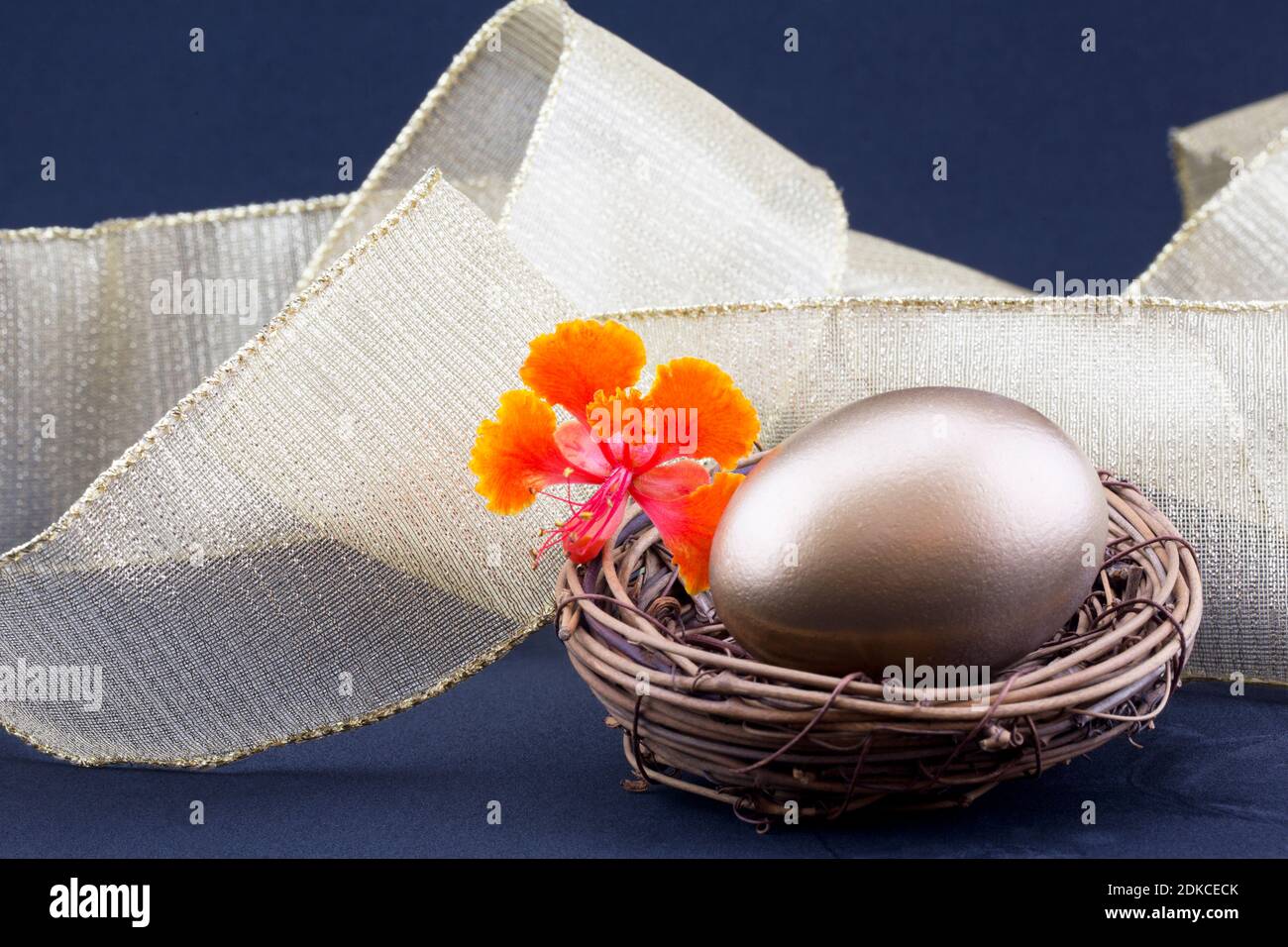 Goldband garnieren Goldei im Nest durch Orange akzentuiert Rote Blume zeigt Giften in Trusts und Investitionen baut finanzielle Sicherheit Stockfoto