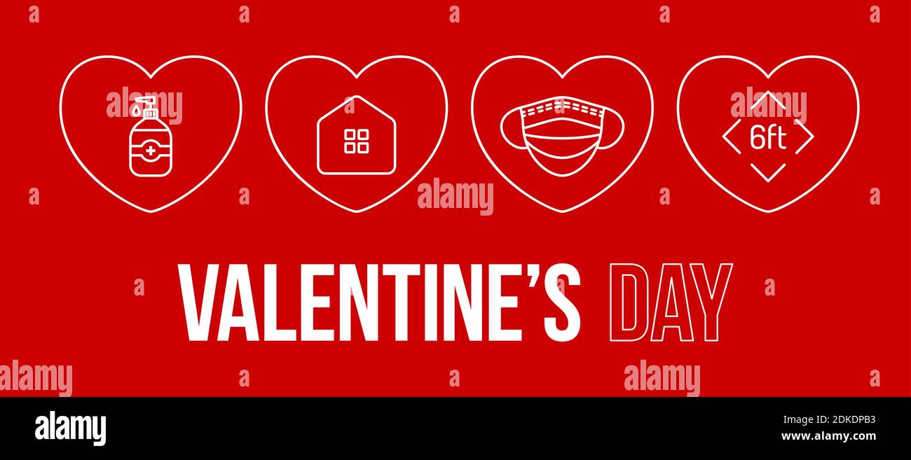 Valentinstag Coronavirus Umriss Herz Banner. Valentine Liebe Ereignisse und Feiertage während einer Pandemie Vektor-Illustration auf rotem Hintergrund. Covid-Vorg Stock Vektor
