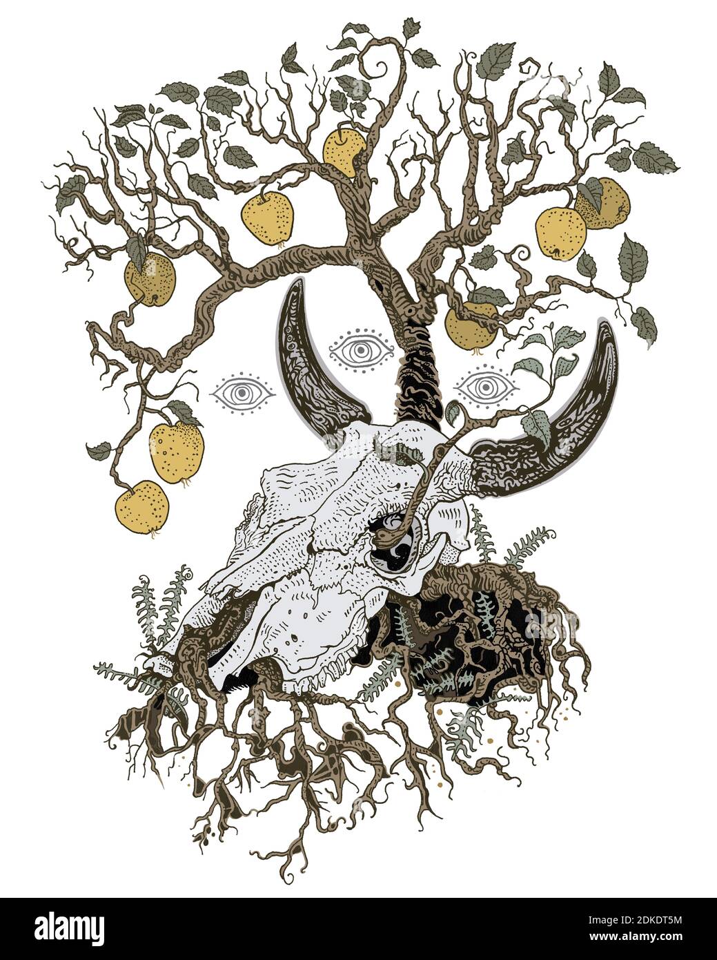 Apfelbaum wächst aus einem Kuhschädel. Symbol des Kreises des Lebens, des Todes und der Wiedergeburt. Märchen, Mythologie, Stier, Ochsenknochen. T-Shirt-Print, Tattoo-Design, r Stockfoto