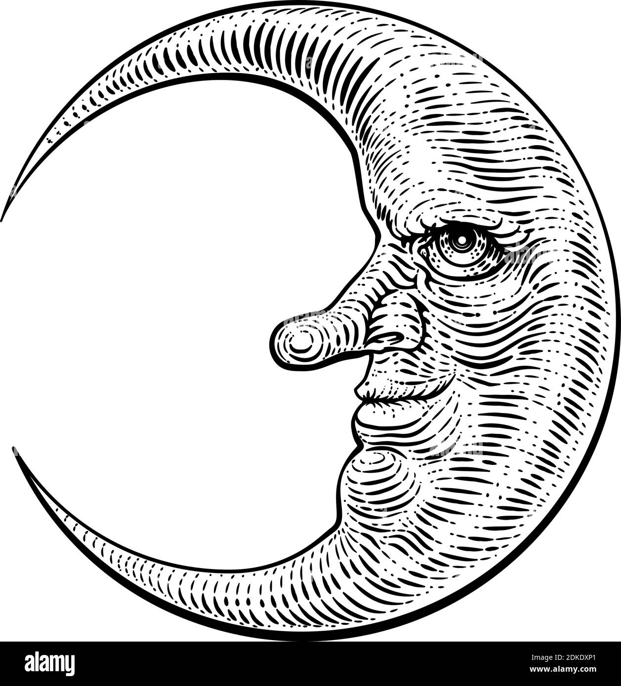 Mond Gesicht Holzschnitt Zeichnung Retro Vintage Gravur Stock Vektor