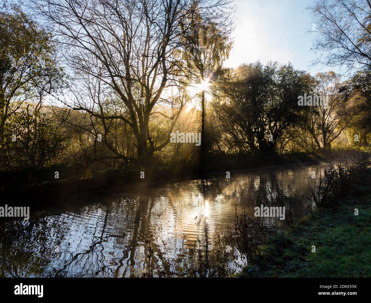 Am frühen Morgen Sonnenschein durch Nebel und Bäume auf der strömenden Cromford Canal im Derbyshire Peak District England Stockfoto