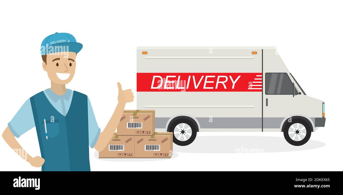 Glücklich kaukasischen Deliveryman, Lieferwagen und Kartonboxen, männlich in Uniform und Transport isoliert auf weißem Hintergrund, flache Vektordarstellung Stock Vektor