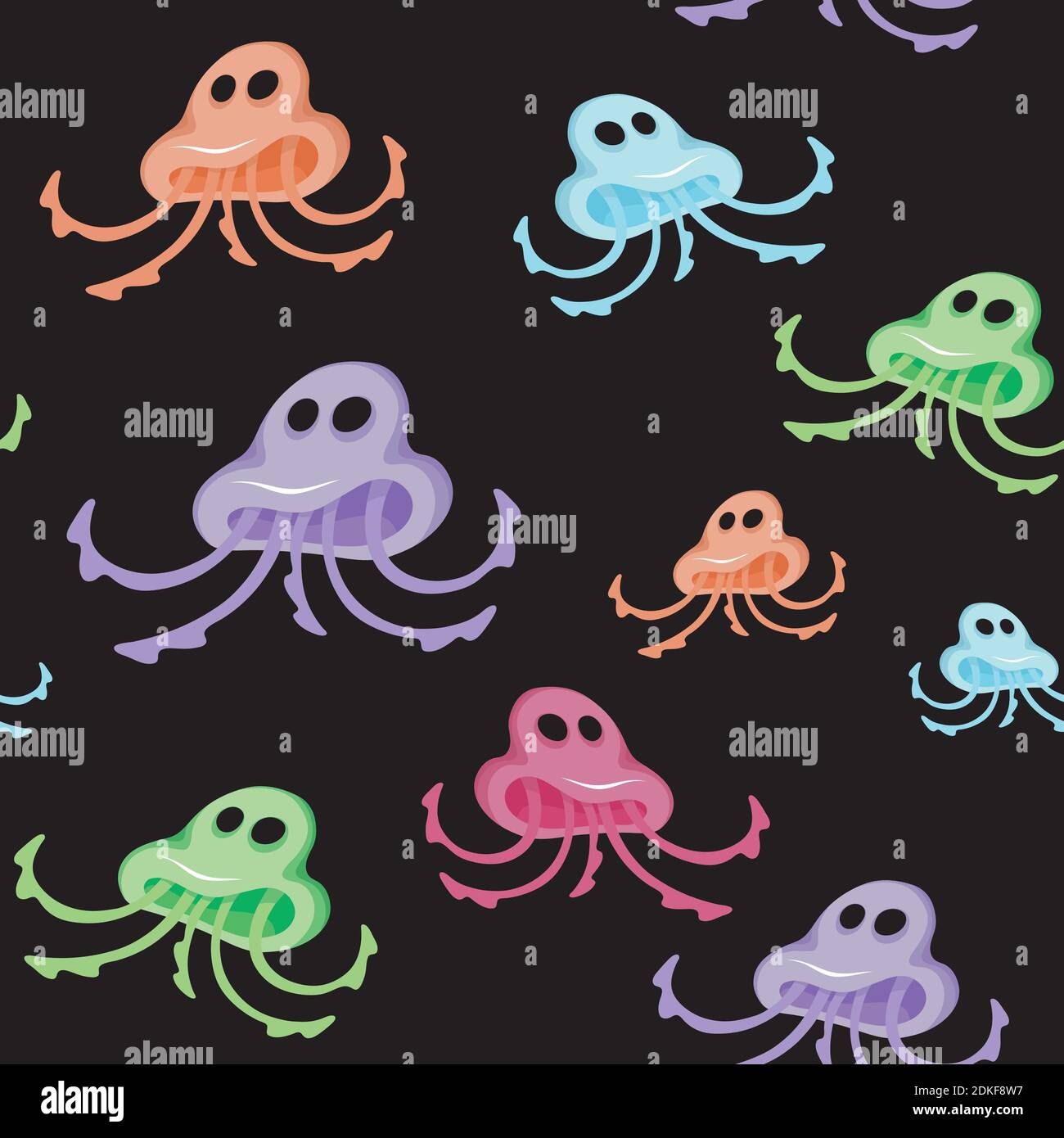 Nahtloses Muster bunte Monster Qualle auf schwarzem Hintergrund. Stock Vektor
