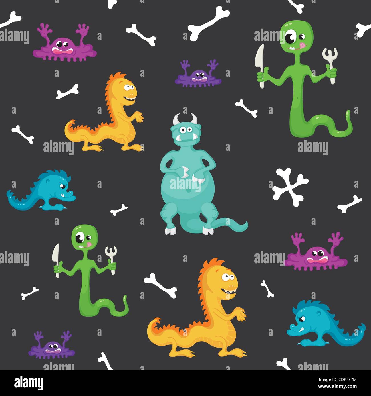 Nahtloses Muster mit Monster halloween auf schwarzem Hintergrund. Stock Vektor