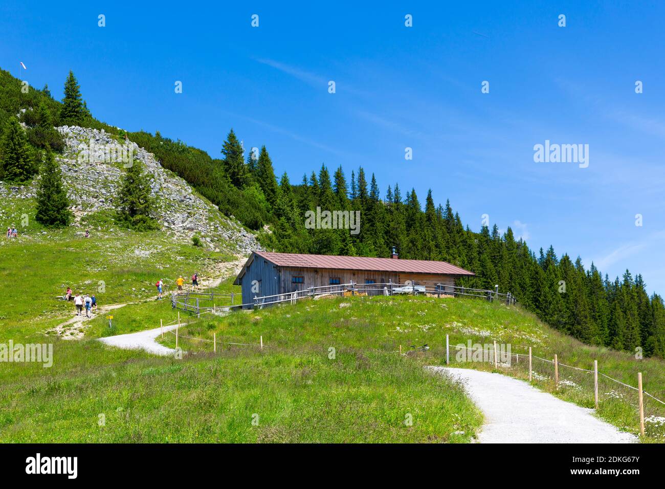 Wandertouristen auf dem Weg zum Wallberggipfel, 1722 m, Rottach-Egern, Tegernsee, Bayerische Alpen, Bayern, Deutschland, Europa Stockfoto