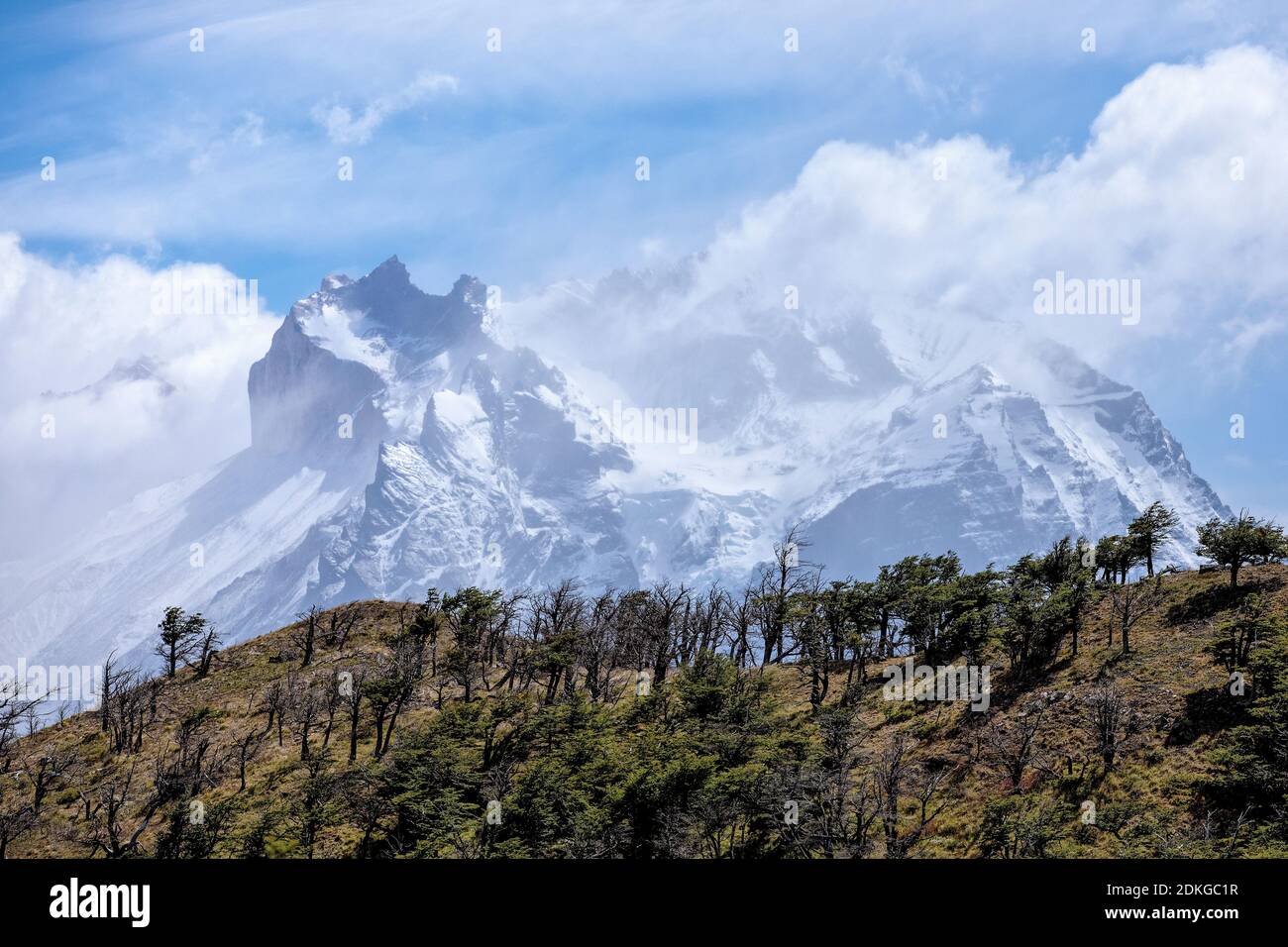 Schneebedeckte Berge im Torres del Paine Nationalpark, Patagonien, Chile, Südamerika Stockfoto