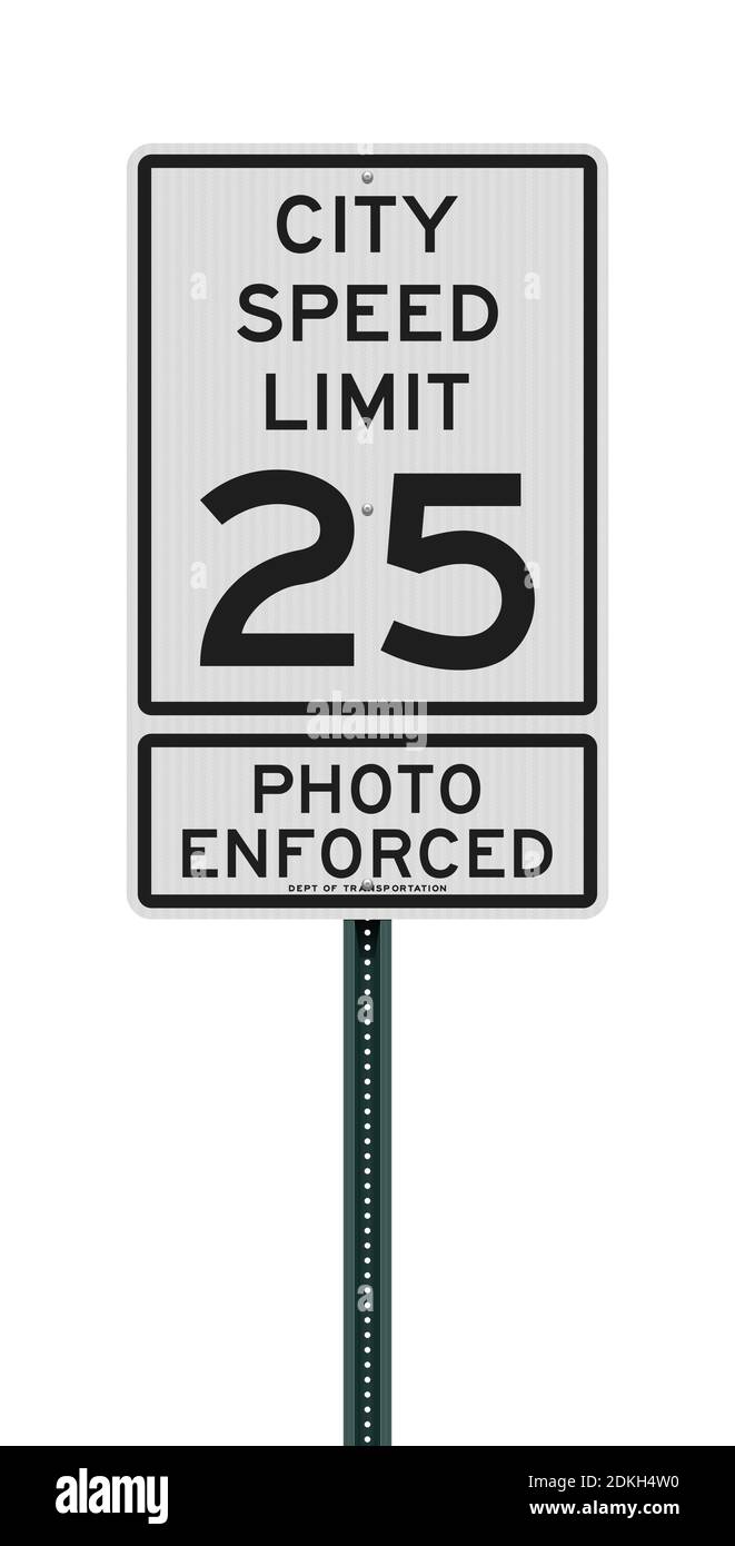 Vektordarstellung der City Speed Limit 25 Foto erzwungen Weißes Straßenschild auf grüner Post Stock Vektor