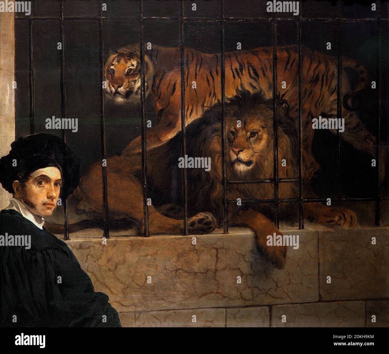Francesco Hayez. 1791-1882. Ein Löwe und ein Tiger in einem Käfig mit dem Porträt des Malers. 1831. Öl auf Leinwand cm 43 x 51. Stockfoto