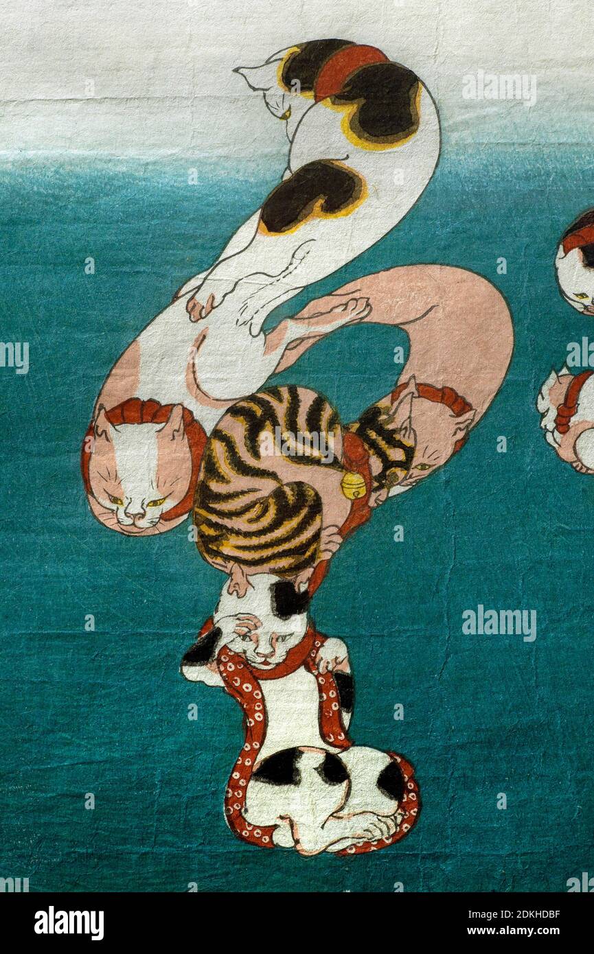Kunst, Utagawa Kuniyoshi 1798-1861, Titel der Arbeit, Baloon Fish (Fugu) Serie Katzen bilden geschriebene Zeichen (Neko no ateji), um 1842, vertikale Ō Stockfoto