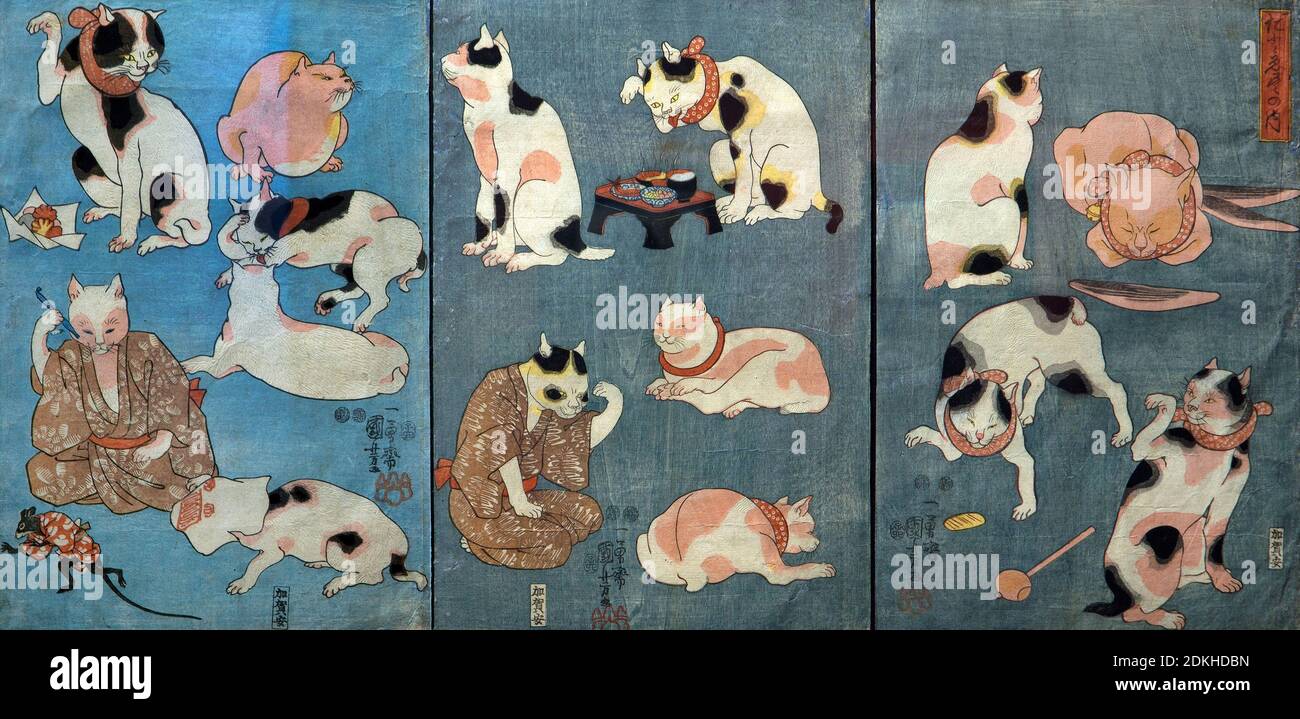 Kunst, Utagawa Kuniyoshi 1798-1861, Titel des Werkes, Sprüche illustriert von Katzen (Tatoe zukushi no uchi), um 1852, drei Set Ōban, 35.2 x 24.4 - Stockfoto