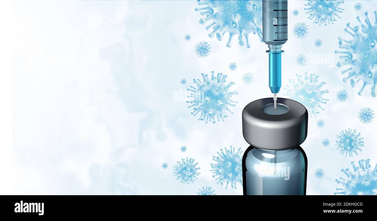 Impfstoffhintergrund und Virusimpfung Behandlung Medikamente und Grippe oder Coronavirus medizinisches Konzept als Spritze oder Nadel in einer Flasche. Stockfoto