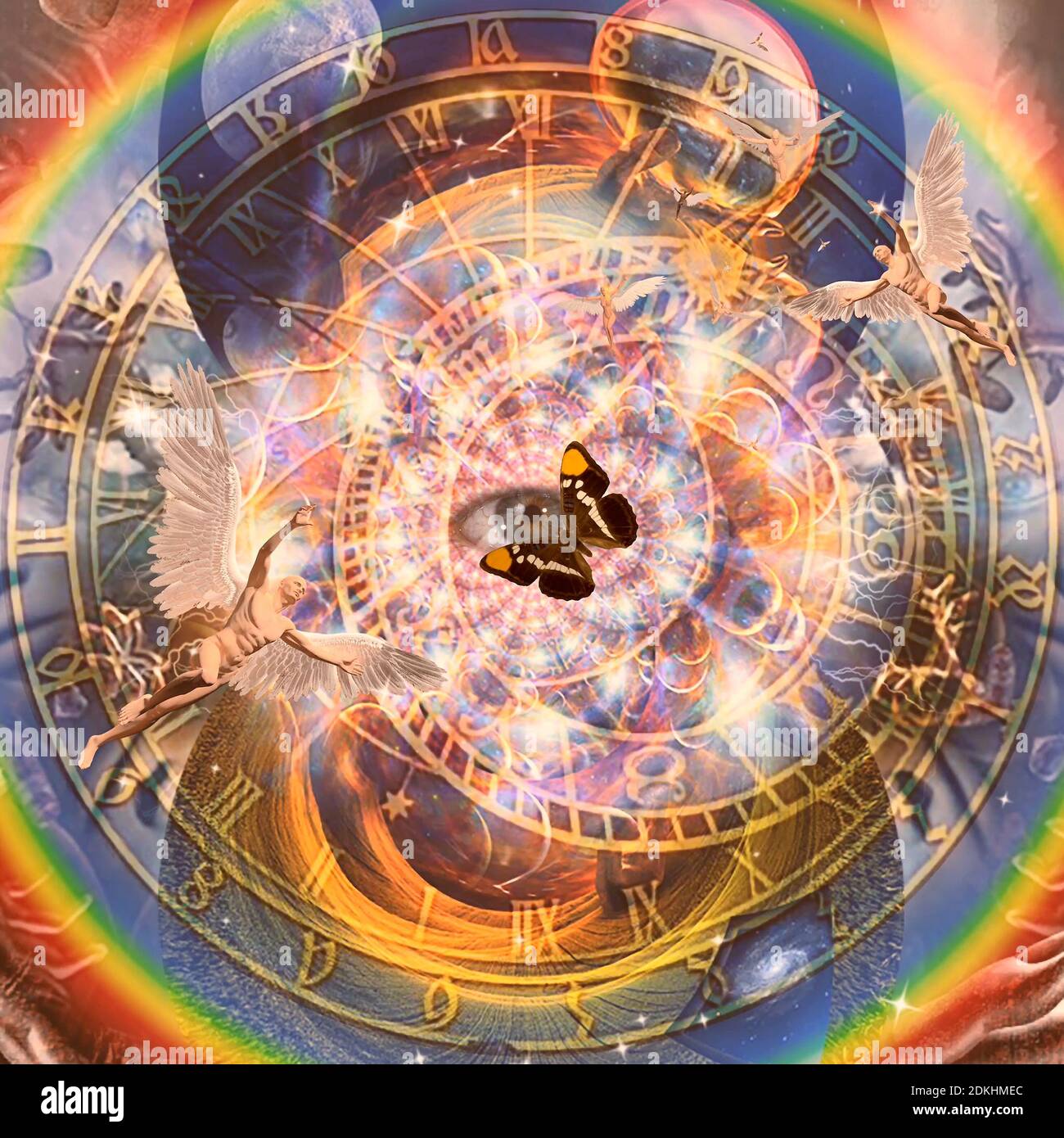 Engel, Schmetterling und mittelalterliche astronomische Uhr. 3D-Rendering Stockfoto