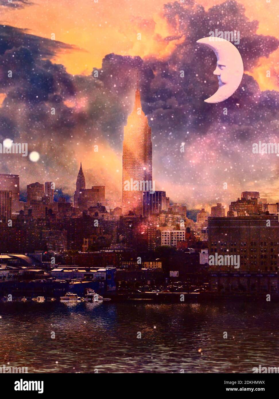 New York City Waterfront. Halbmond am Himmel. 3d-Rendering Stockfoto