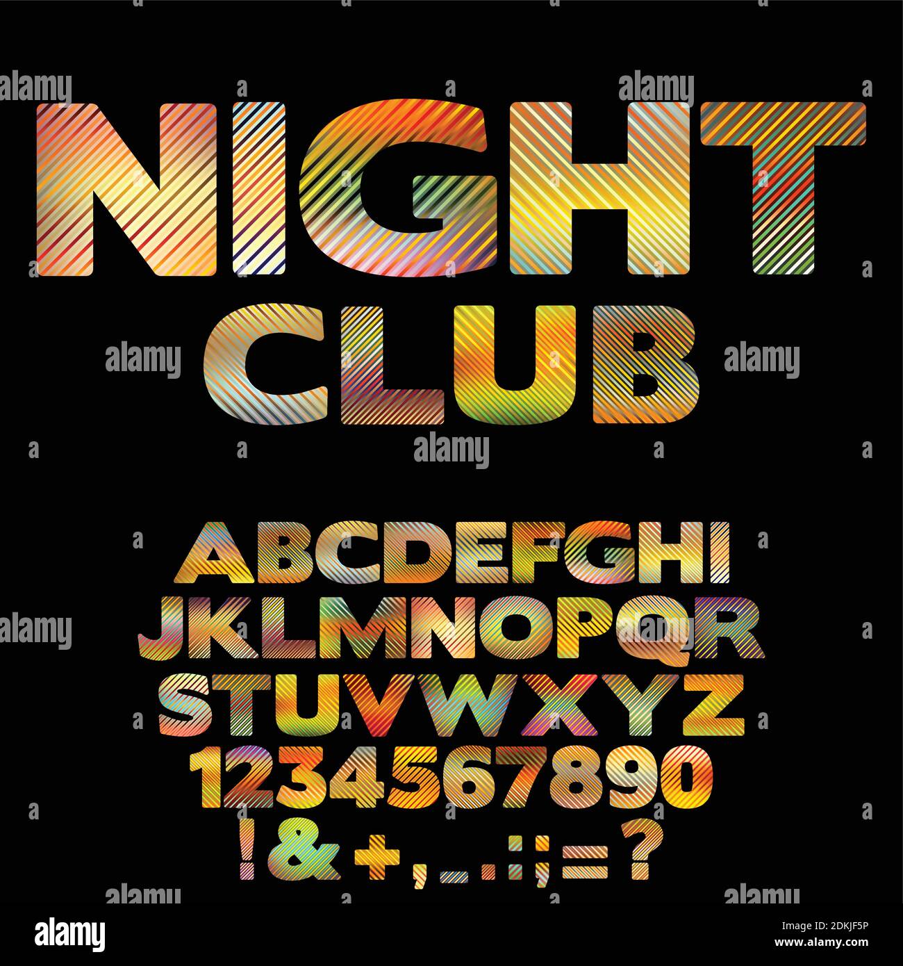 Hell gestreifte Nightclub-Retro-Schrift mit Zahlen und Satzzeichen. Leuchtende bunte Vektor-Alphabet Stock Vektor