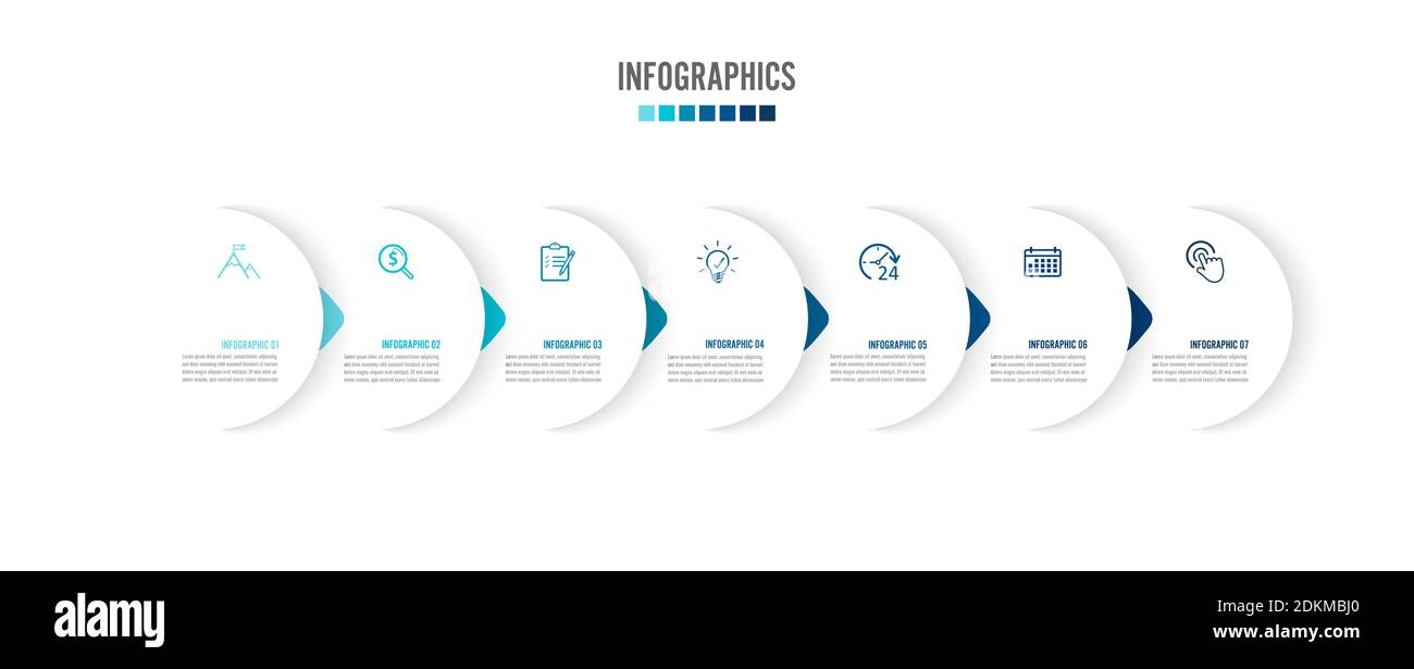 Sieben papierweiße überlappende Pfeile in horizontaler Reihe. Konzept von 8 aufeinanderfolgenden. Für Inhalt, Diagramm, Flussdiagramm, Schritte, Teile, Zeitleiste. Stock Vektor