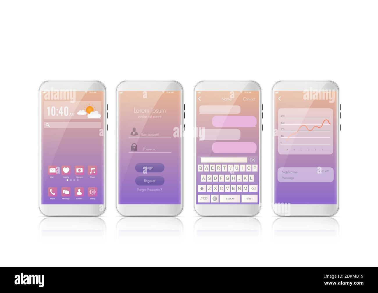 Neue realistische Handy modernen Stil. Vector Smartphone mit Satz von UI, UX, GUI-Bildschirme. Interface Login Design und Messaging sms App. Stock Vektor