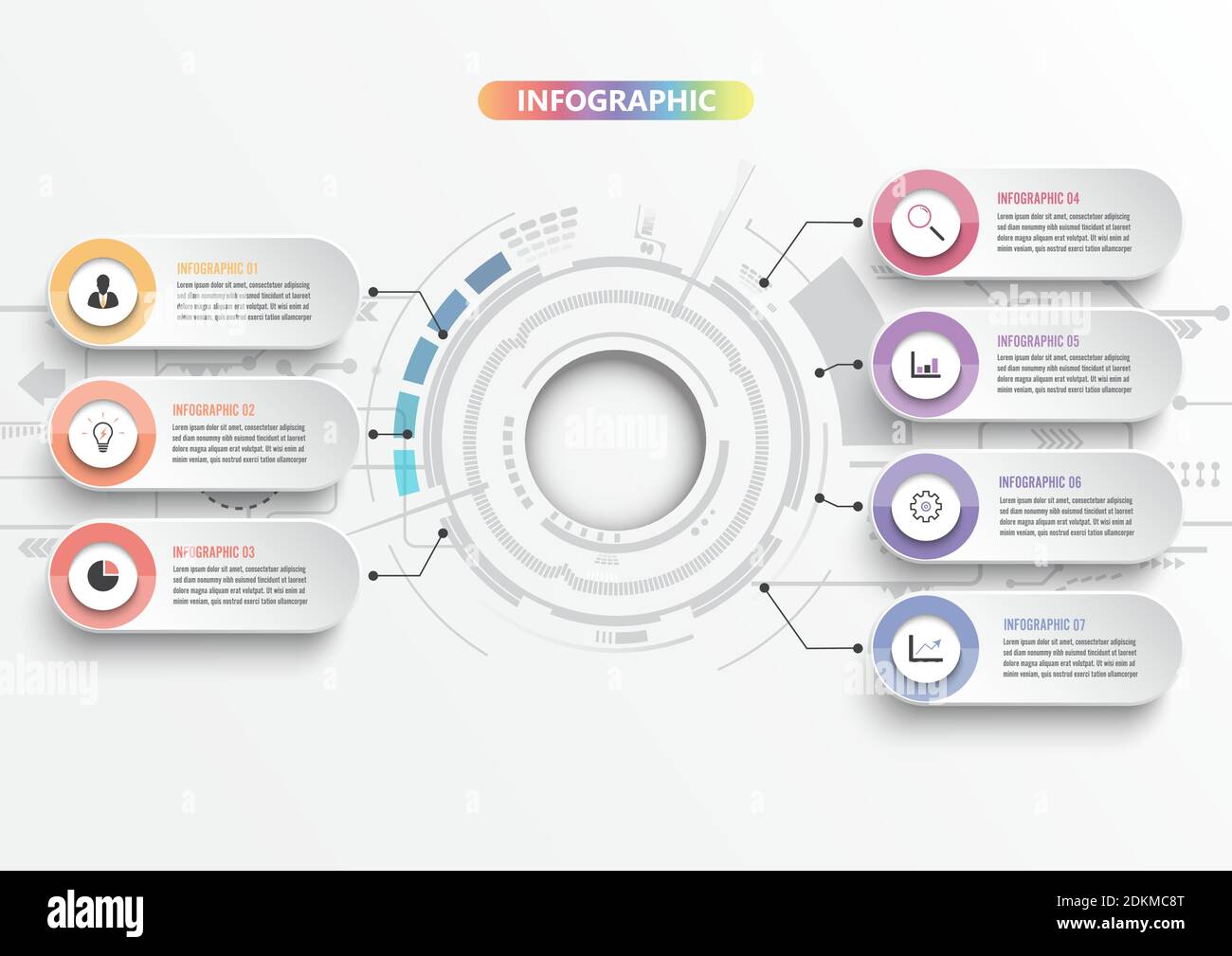 Vektor-Infografik-Vorlage mit 3D-Papieretikett, integrierte Kreise. Geschäftskonzept mit 7 Optionen. Für Inhalt, Diagramm, Flussdiagramm, Schritte, Teile, t Stock Vektor