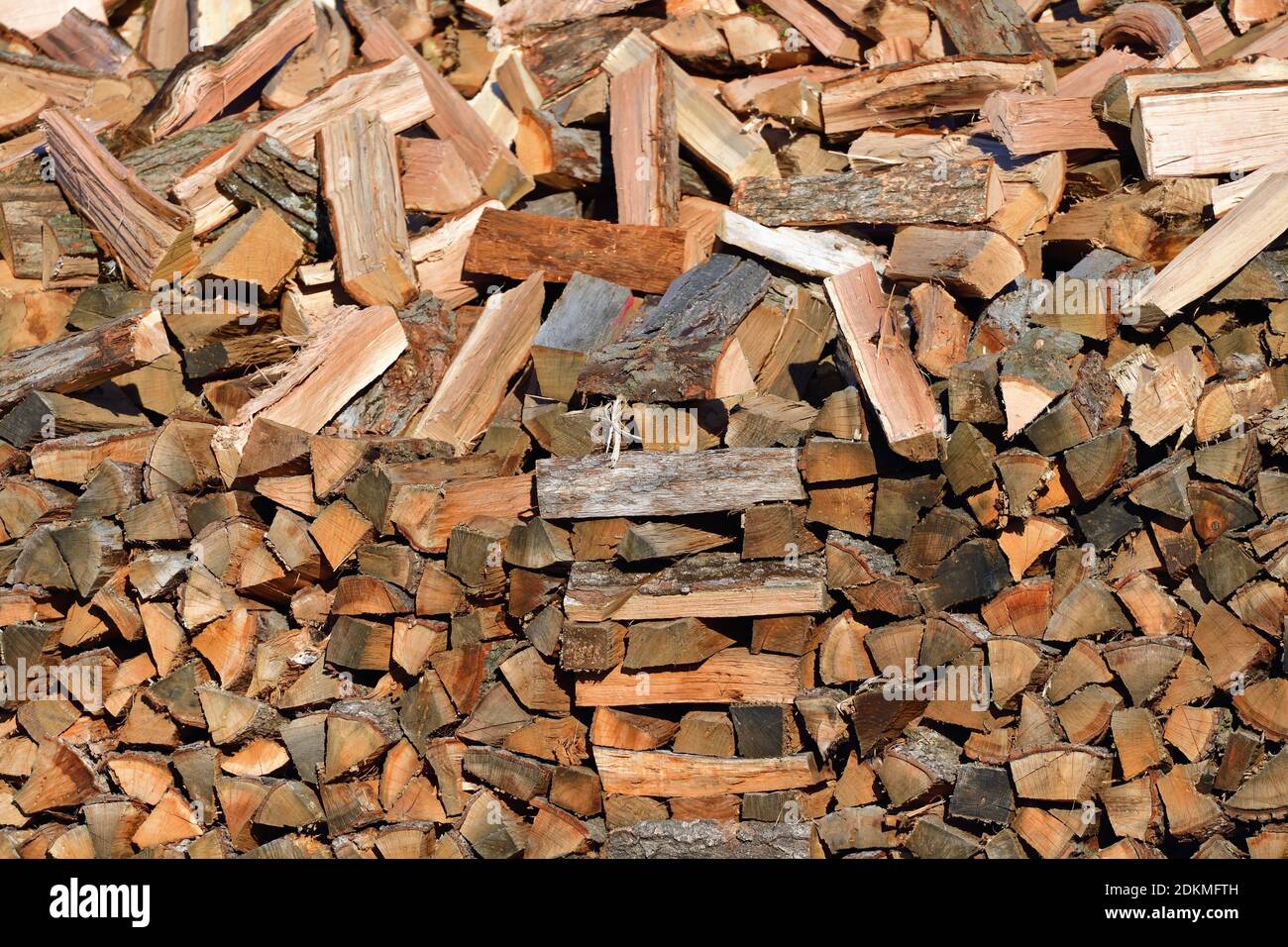 Rondout, Illinois, USA. Große Mengen an geschnittenem Holz bilden einen gigantischen Holzstapel. Stockfoto