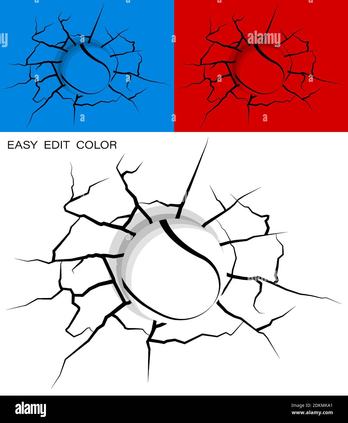 Ball für Tennis schlagen Wand kraftvoll und beschädigt, Risse an der Wand. Sportliches Design. Aktiver Lebensstil. Vektor auf weißem oder farbigem Hintergrund mit cra Stock Vektor