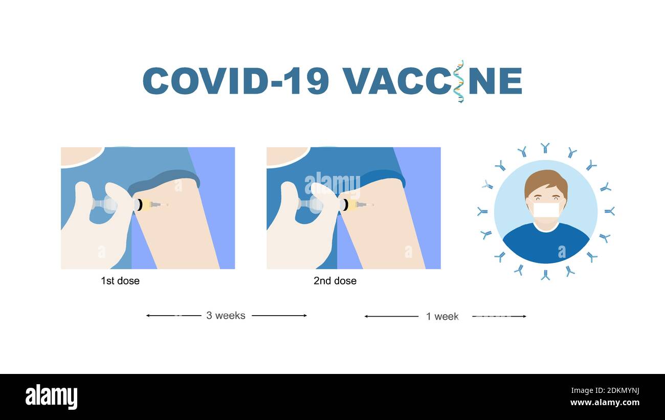 Konzepte des mRNA-Impfstoffes für den Coronavirus-Schutz. Illustration einer Impfstoffinjektion in zwei Dosen und eines Mannes mit Antikörper gegen Covid-19. Stock Vektor