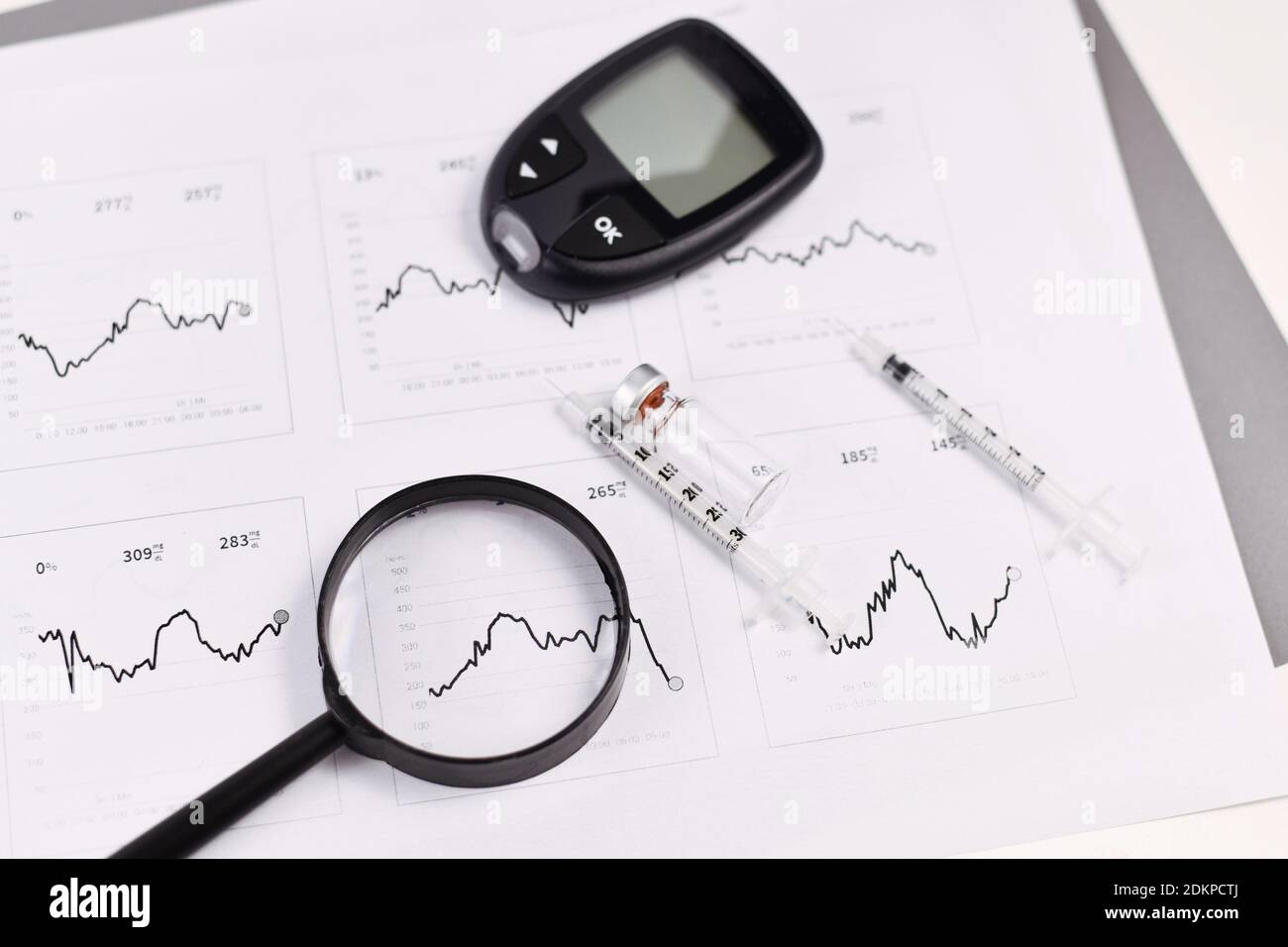 Lupe über Blutzuckerspiegel Diagramme der Person mit Diabetes mit Spritze, Fläschchen und Blutzucker-Messgerät Stockfoto