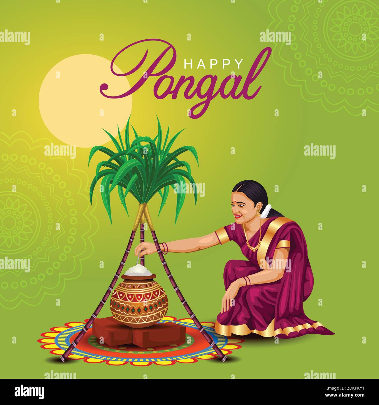 Happy Pongal Feier mit Zuckerrohr, Rangoli und Topf Reis. Tamilisches Mädchen, das Pongal macht. Indische kulturelle Festival Feier Konzept Illustration Stock Vektor