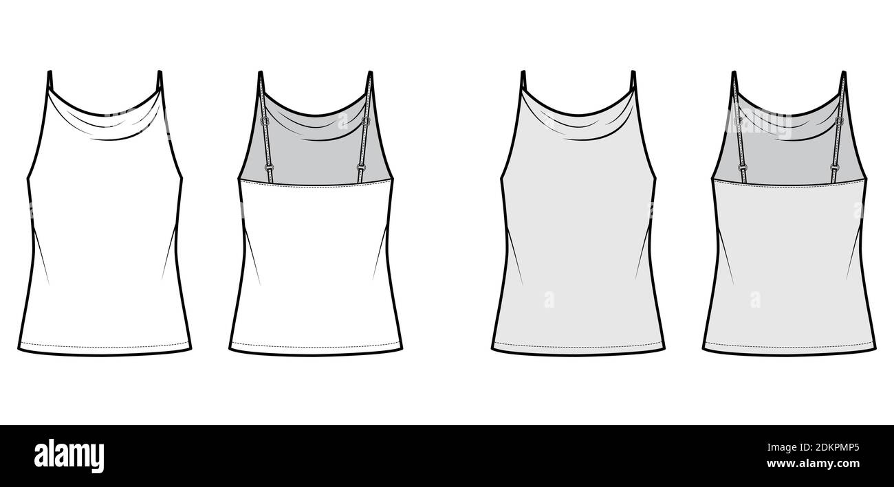 Tank High Cowl Camisole technische Mode-Illustration mit dünnen verstellbaren Trägern, überdimensioniert, Tunika Länge. Flache Kleidung outwear top Schablone vorne, hinten weiß grau Farbe. Frauen Männer Unisex CAD mockup Stock Vektor