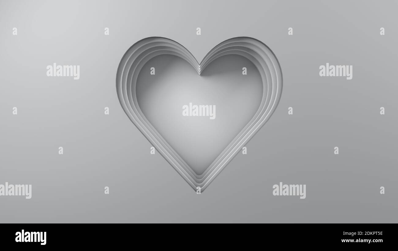 Graues Herz in 2-lagiger Lage in grauen Lagenblättern. 3d-Rendering-Hintergrund Stockfoto