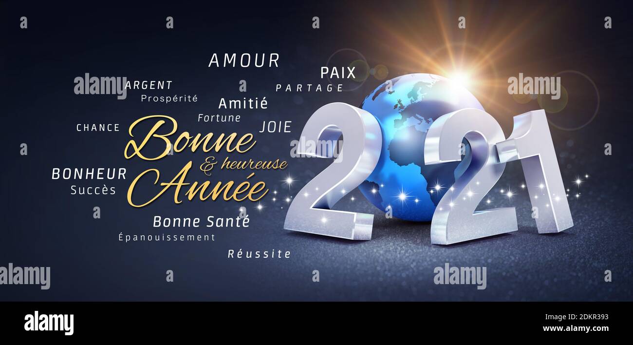2021 Neujahrsnummer, zusammengesetzt mit einem blauen Planeten Erde, Grüße und besten Wünschen in französischer Sprache, auf einem festlichen schwarzen Hintergrund - 3D illustrr Stockfoto