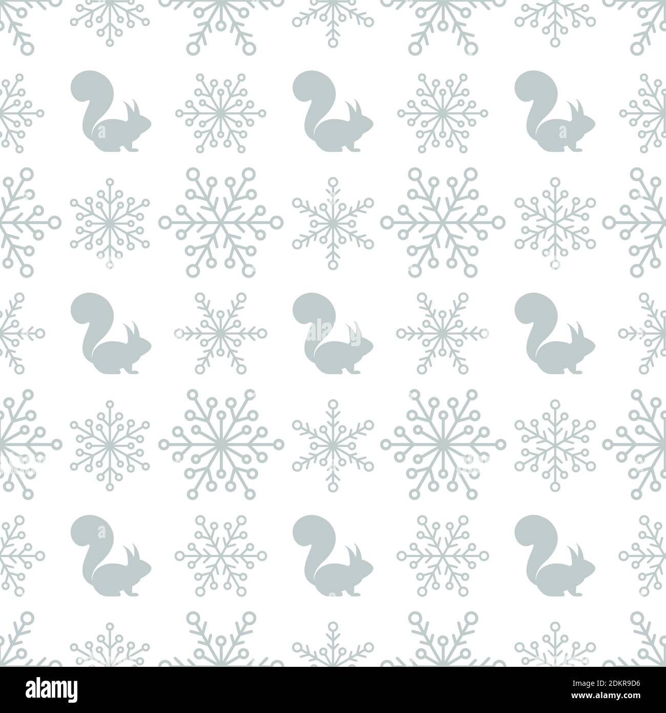Nahtlose karierte Winter-Muster mit silbergrauen Schneeflocken und Eichhörnchen. vektor flach Weihnachtsschmuck auf weißem Hintergrund. Winter-Textur. Stock Vektor