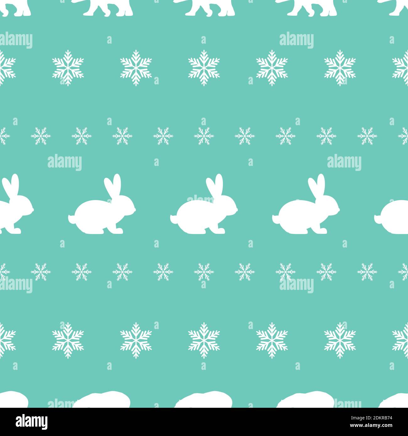 Nahtloses Wintermuster mit weißen Schneeflocken, Hasen und Eisbären. vektor flache Weihnachtsschmuck auf puderblauem Hintergrund. Winterstruktur. Stock Vektor