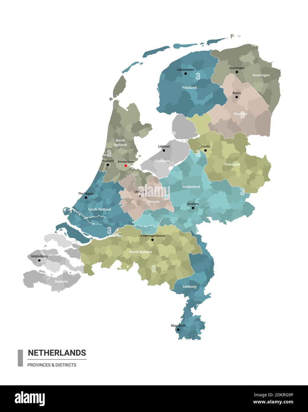 Niederlande Higt Detailkarte mit Unterteilungen. Verwaltungskarte der Niederlande mit Bezirks- und Stadtnamen, farbig nach Bundesstaaten und administrativ Stock Vektor