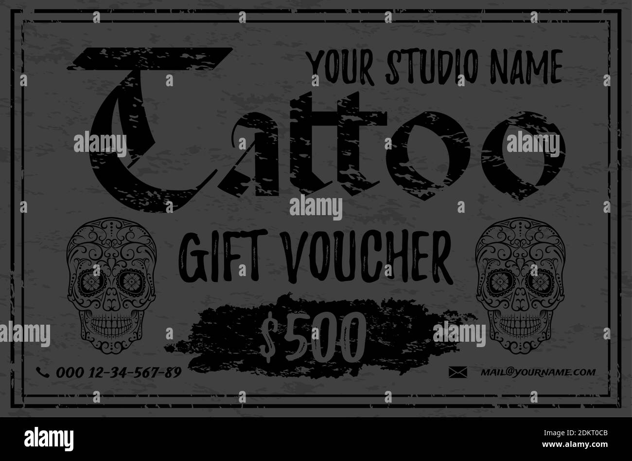 Vintage Tattoo Geschenk Gutschein Vorlage. Graue Grunge Geschenkkarte mit Zucker-Rschädeln. Stock Vektor