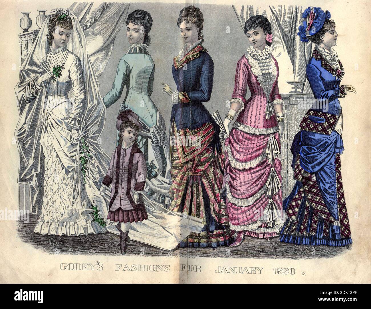 Farbzeichnung von Godeys Damenmode für Januar 1880 aus Godeys Lady's Book and Magazine, 1880 Philadelphia, Louis A. Godey, Sarah Josepha Hale, Stockfoto